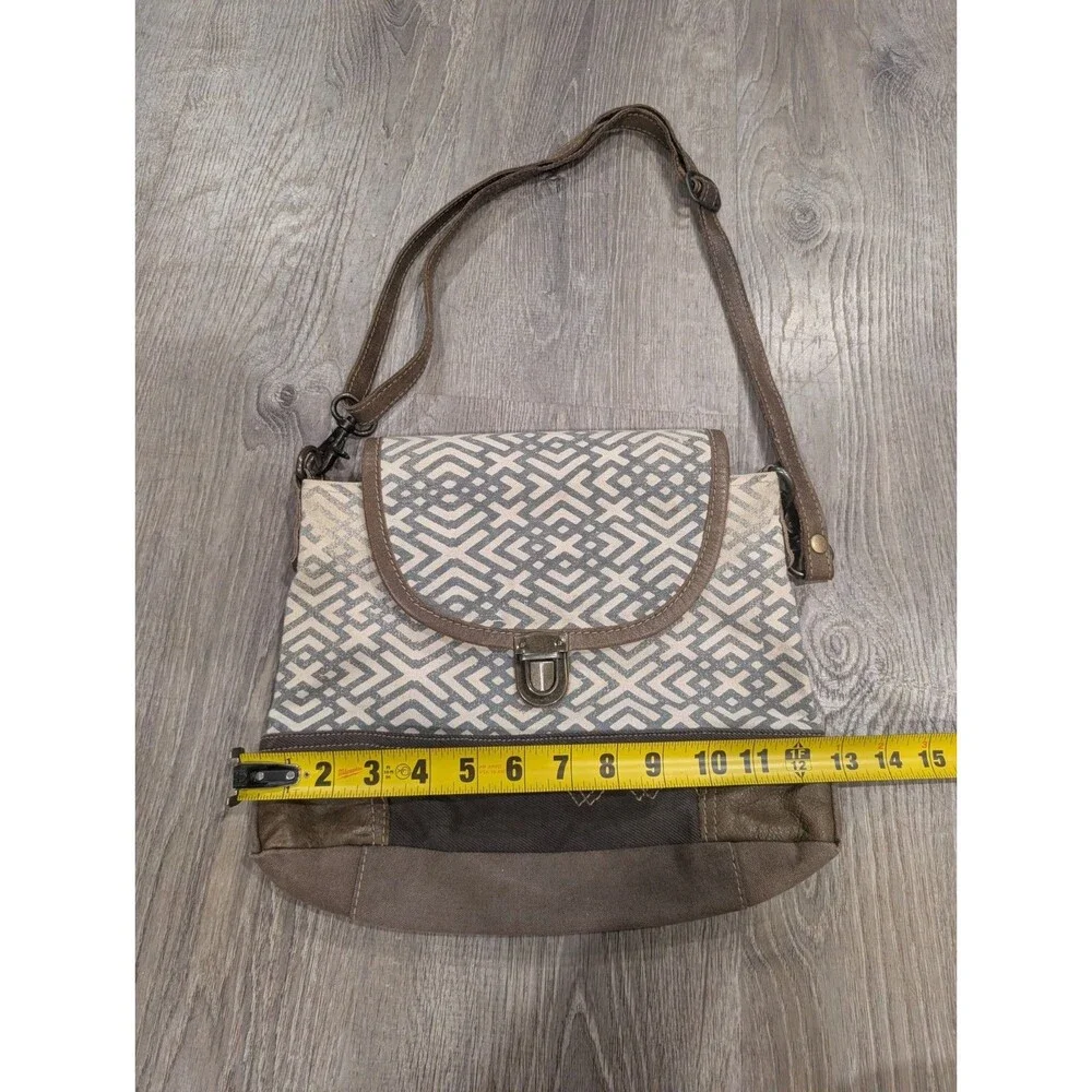 Myra Bag Cranky Upcycled Canvas Leather Crossbody Shoulder Bag Boho Geometric